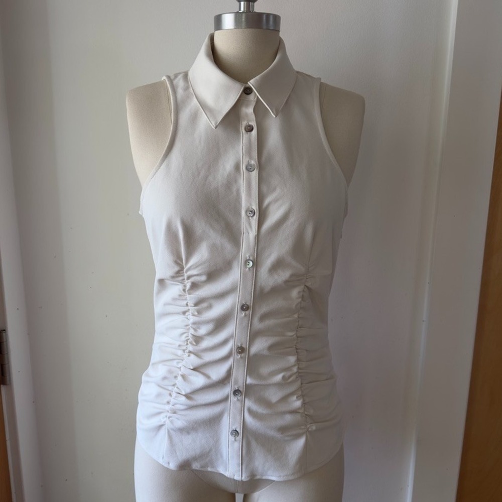 Cinq à Sept‎ Rosalia Ruched Top-Sleeveless Button Up Shirt-Ivory-Size S-RRP $295